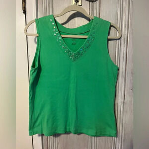 TALBOTS cotton kelly green V-neck tank top beaded shells M Petite y2k funky